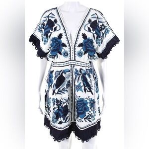 Farm Rio Womens Linen Floral Print V Neck A Line Dress White Blue Size Medium